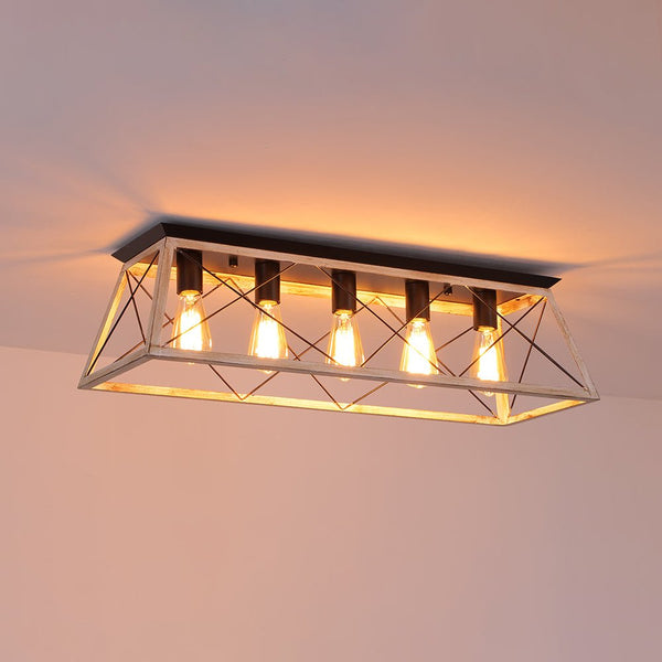 Chandelierias - Modern Rustic 5 - Light Rectangle Cage Grid Semi - Flush Mount - Flush Mount - Matte Black - 
