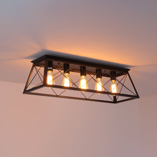 Chandelierias - Modern Rustic 5 - Light Rectangle Cage Grid Semi - Flush Mount - Flush Mount - Matte Black - 