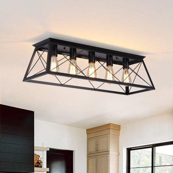 Chandelierias - Modern Rustic 5 - Light Rectangle Cage Grid Semi - Flush Mount - Flush Mount - Matte Black - 