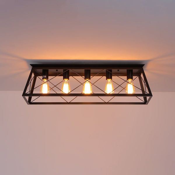 Chandelierias - Modern Rustic 5 - Light Rectangle Cage Grid Semi - Flush Mount - Flush Mount - Matte Black - 