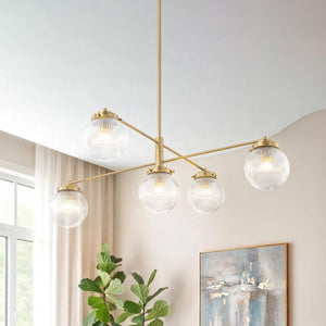 Chandelierias-Modern Sputnik 5-Light Ribbed Glass Globe Linear Chandelier-Chandeliers-Brass-
