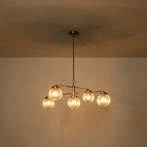 Chandelierias-Modern Sputnik 5-Light Ribbed Glass Globe Linear Chandelier-Chandeliers-Brass-