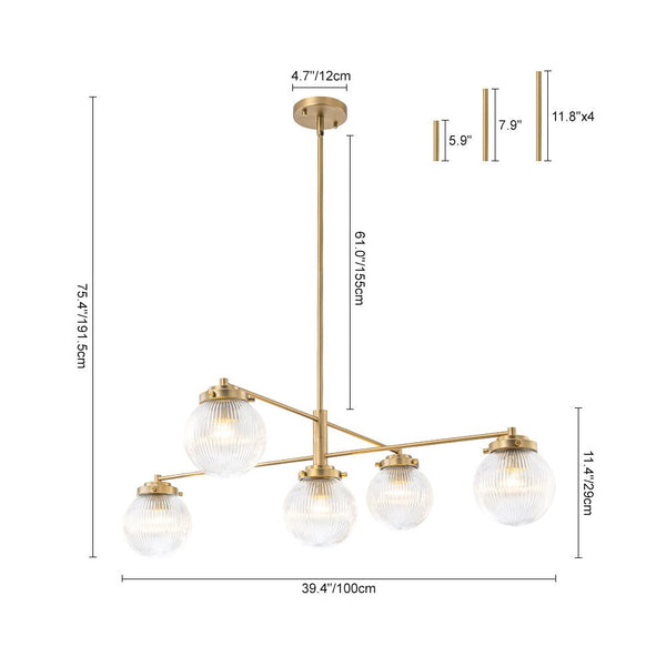 Chandelierias-Modern Sputnik 5-Light Ribbed Glass Globe Linear Chandelier-Chandeliers-Brass-