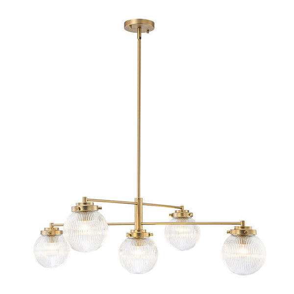 Chandelierias-Modern Sputnik 5-Light Ribbed Glass Globe Linear Chandelier-Chandeliers-Brass-