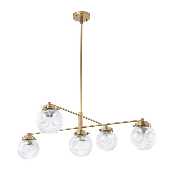 Chandelierias-Modern Sputnik 5-Light Ribbed Glass Globe Linear Chandelier-Chandeliers-Brass-