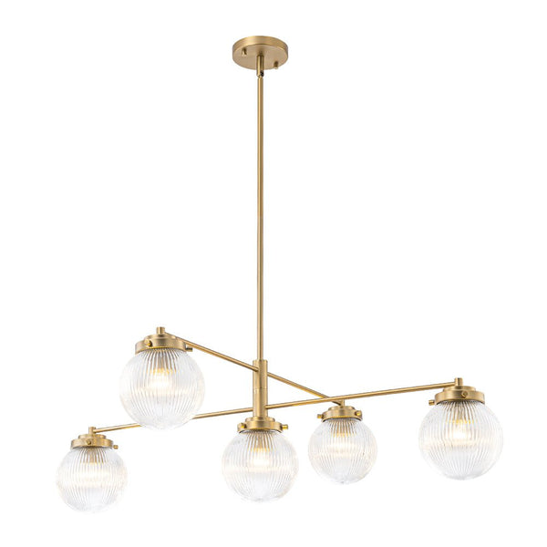 Chandelierias-Modern Sputnik 5-Light Ribbed Glass Globe Linear Chandelier-Chandeliers-Brass-