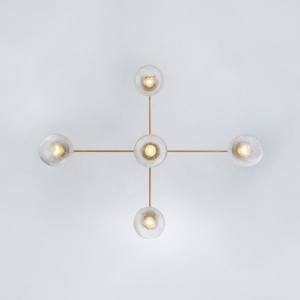 Chandelierias-Modern Sputnik 5-Light Ribbed Glass Globe Linear Chandelier-Chandeliers-Brass-