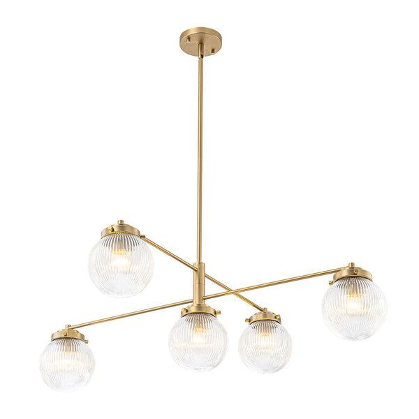 Chandelierias-Modern Sputnik 5-Light Ribbed Glass Globe Linear Chandelier-Chandeliers-Brass-