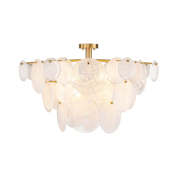 Chandelierias - Modern White Strie Glass Tiered Semi - Flush Mount - Semi Flush - Brushed Brass - 4 Bulbs