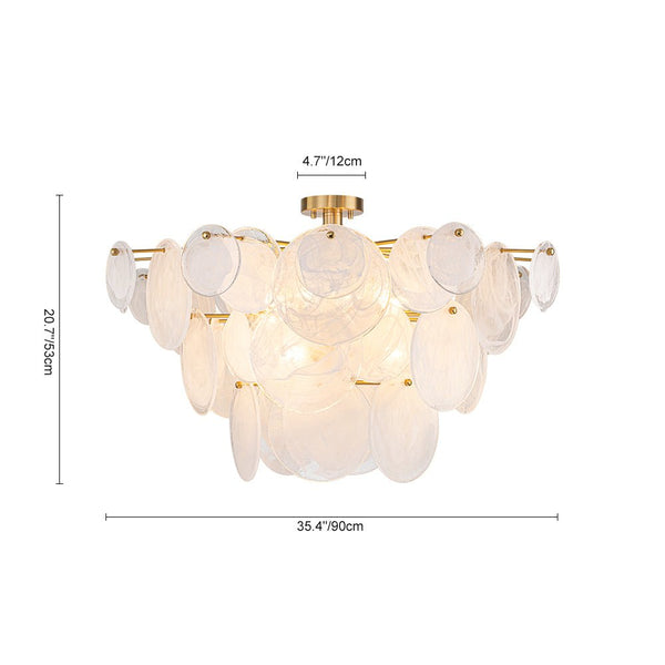 Chandelierias - Modern White Strie Glass Tiered Semi - Flush Mount - Semi Flush - Brushed Brass - 9 Bulbs