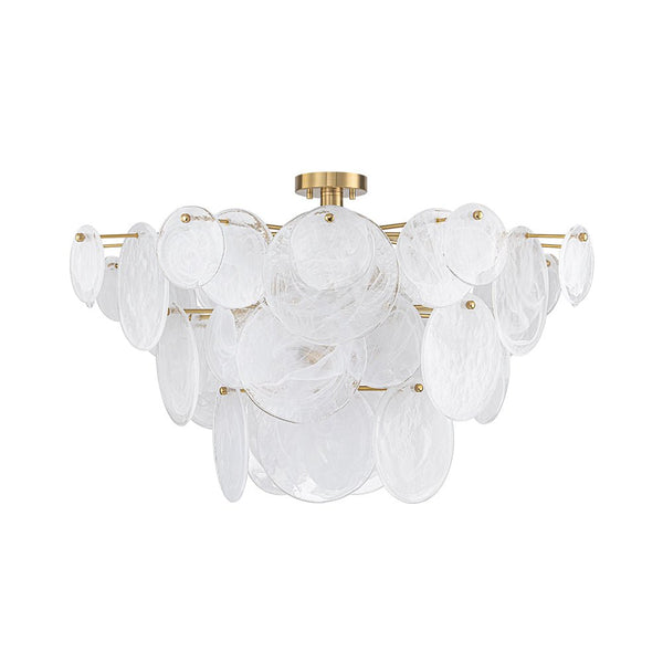 Chandelierias - Modern White Strie Glass Tiered Semi - Flush Mount - Semi Flush - Brushed Brass - 9 Bulbs