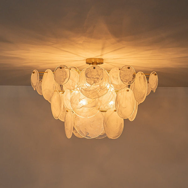Chandelierias - Modern White Strie Glass Tiered Semi - Flush Mount - Semi Flush - Brushed Brass - 9 Bulbs