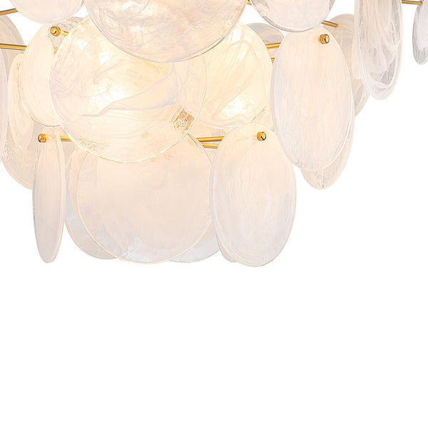 Chandelierias - Modern White Strie Glass Tiered Semi - Flush Mount - Semi Flush - Brushed Brass - 9 Bulbs