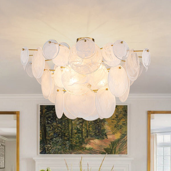 Chandelierias - Modern White Strie Glass Tiered Semi - Flush Mount - Semi Flush - Brushed Brass - 9 Bulbs
