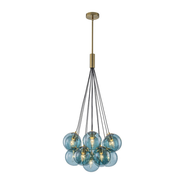 Chandelierias-Multi-globe 13-Light Smoky Teal Cluster Bubble Glass Pendant-Chandeliers-Brass-