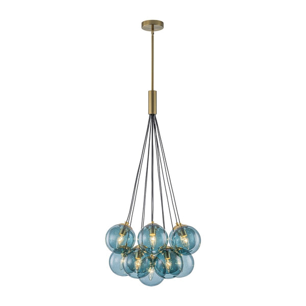 Chandelierias-Multi-globe 13-Light Smoky Teal Cluster Bubble Glass Pendant-Chandeliers-Brass-