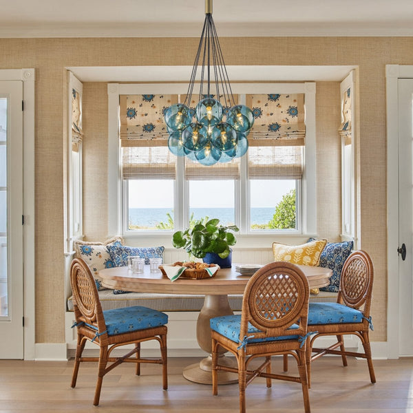 Chandelierias-Multi-globe 13-Light Smoky Teal Cluster Bubble Glass Pendant-Chandeliers-Brass-