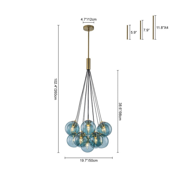 Chandelierias-Multi-globe 13-Light Smoky Teal Cluster Bubble Glass Pendant-Chandeliers-Brass-