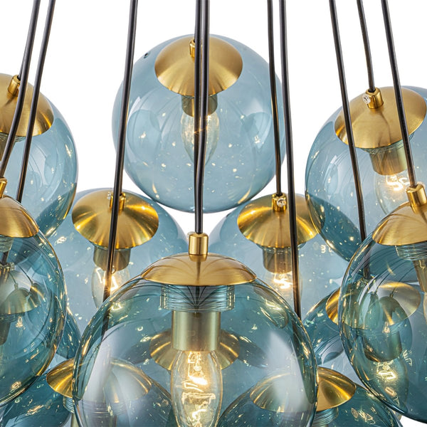 Chandelierias-Multi-globe 13-Light Smoky Teal Cluster Bubble Glass Pendant-Chandeliers-Brass-