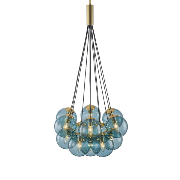 Chandelierias-Multi-globe 13-Light Smoky Teal Cluster Bubble Glass Pendant-Chandeliers-Brass-