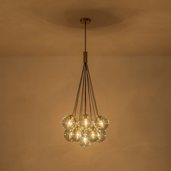 Chandelierias-Multi-globe 13-Light Smoky Teal Cluster Bubble Glass Pendant-Chandeliers-Brass-