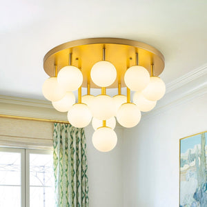Chandelierias-Multi-Globe Frosted Glass Cluster 14-Light Layered Semi-flush Mount-Semi Flush-Brass-