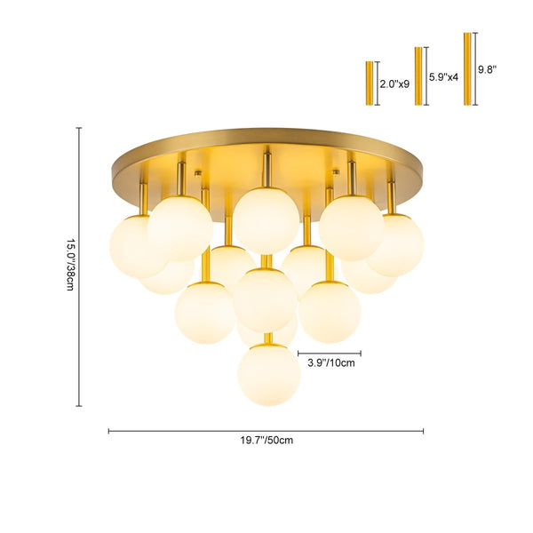 Chandelierias-Multi-Globe Frosted Glass Cluster 14-Light Layered Semi-flush Mount-Semi Flush-Brass-