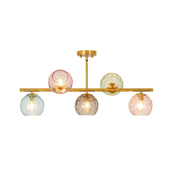 Chandelierias-Multi‑Color 5-Light Hammered Glass Bubble Linear Pendant-Chandeliers-Brass-