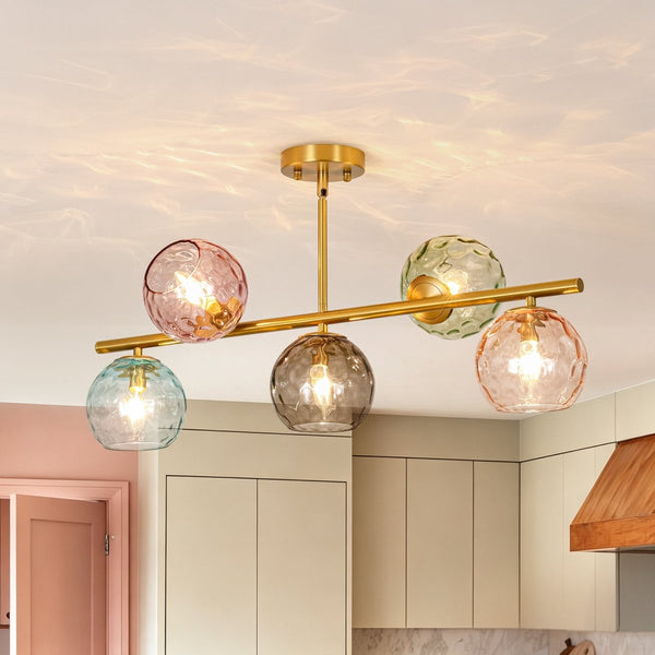 Chandelierias-Multi‑Color 5-Light Hammered Glass Bubble Linear Pendant-Chandeliers-Brass-