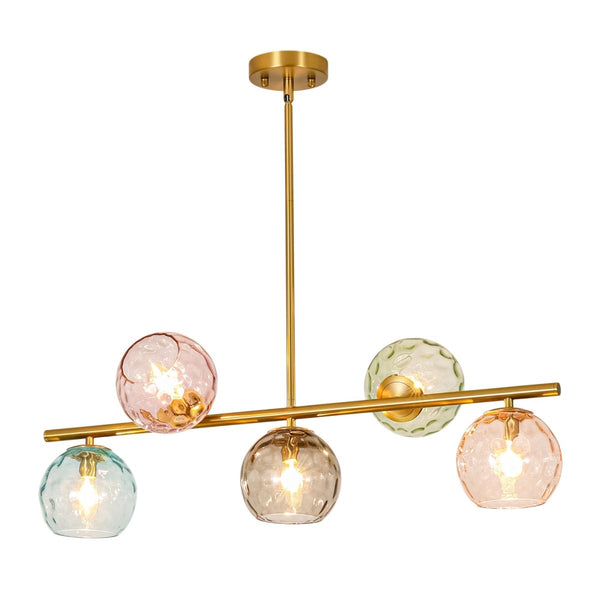 Chandelierias-Multi‑Color 5-Light Hammered Glass Bubble Linear Pendant-Chandeliers-Brass-