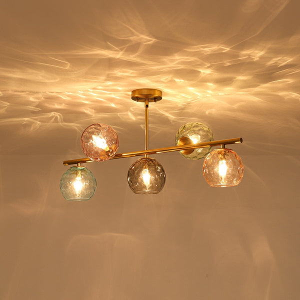 Chandelierias-Multi‑Color 5-Light Hammered Glass Bubble Linear Pendant-Chandeliers-Brass-