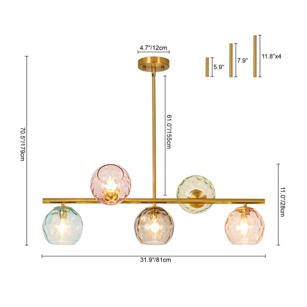 Chandelierias-Multi‑Color 5-Light Hammered Glass Bubble Linear Pendant-Chandeliers-Brass-