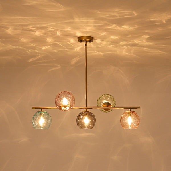 Chandelierias-Multi‑Color 5-Light Hammered Glass Bubble Linear Pendant-Chandeliers-Brass-