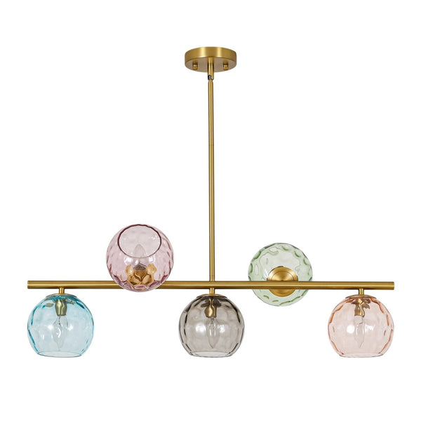 Chandelierias-Multi‑Color 5-Light Hammered Glass Bubble Linear Pendant-Chandeliers-Brass-