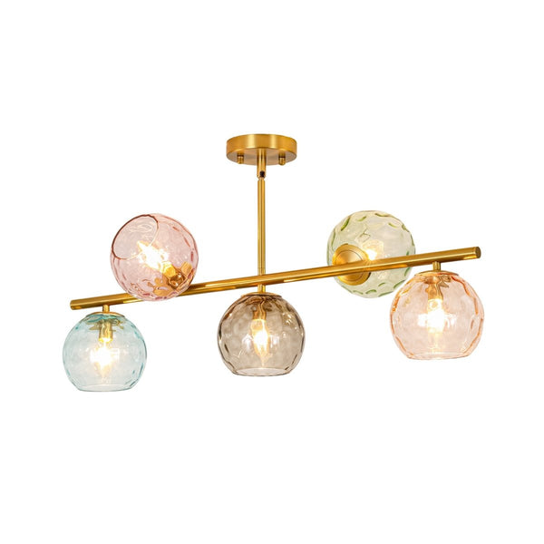 Chandelierias-Multi‑Color 5-Light Hammered Glass Bubble Linear Pendant-Chandeliers-Brass-