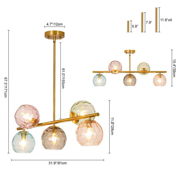 Chandelierias-Multi‑Color 5-Light Hammered Glass Bubble Linear Pendant-Chandeliers-Brass-