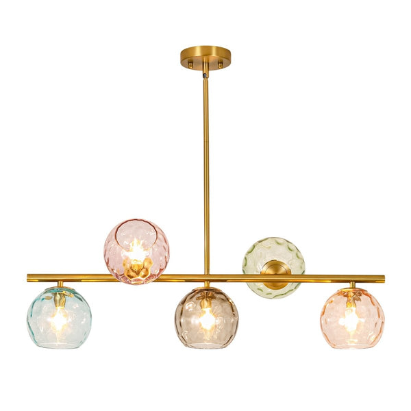 Chandelierias-Multi‑Color 5-Light Hammered Glass Bubble Linear Pendant-Chandeliers-Brass-