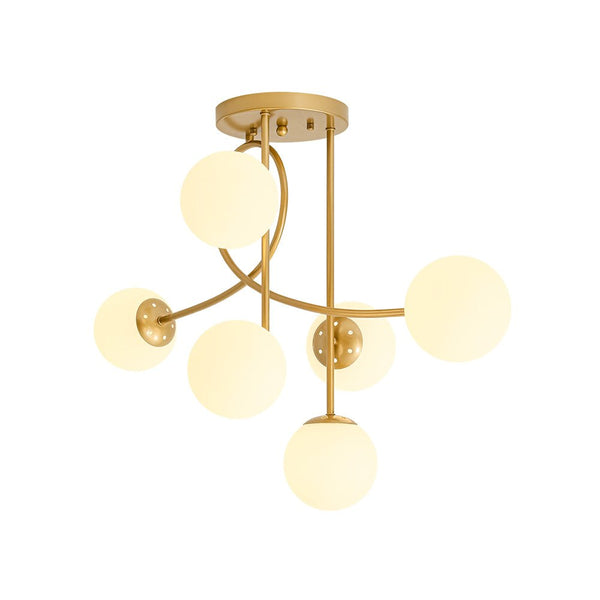 Chandelierias-Novel 6-Light Frosted Opaline Glass Branch Semi-flush Mount-Semi Flush-Brass-