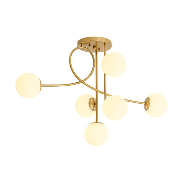Chandelierias-Novel 6-Light Frosted Opaline Glass Branch Semi-flush Mount-Semi Flush-Brass-
