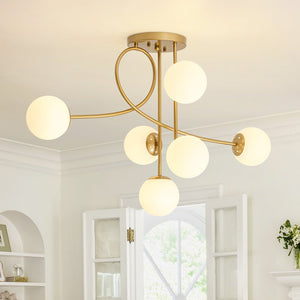 Chandelierias-Novel 6-Light Frosted Opaline Glass Branch Semi-flush Mount-Semi Flush-Brass-