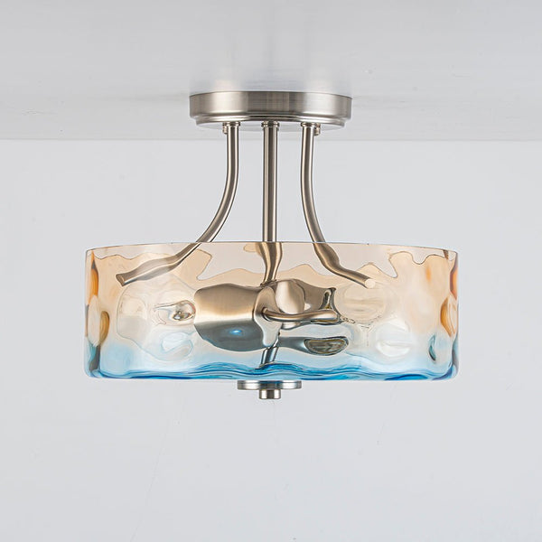 Chandelierias-Ombre 2-Light Hammer Glass Drum Semi-Flush Mount-Semi Flush-Nickel-