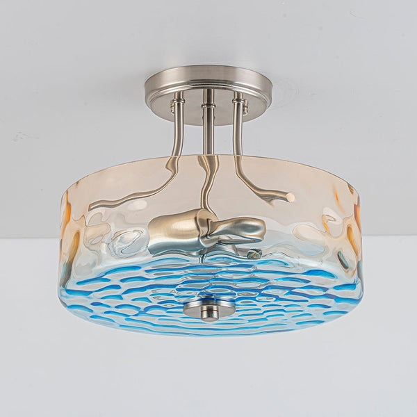 Chandelierias-Ombre 2-Light Hammer Glass Drum Semi-Flush Mount-Semi Flush-Nickel-