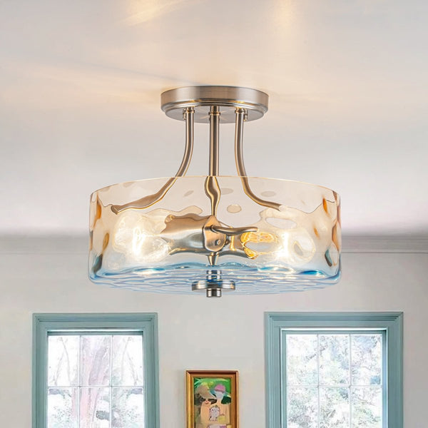 Chandelierias-Ombre 2-Light Hammer Glass Drum Semi-Flush Mount-Semi Flush-Nickel-