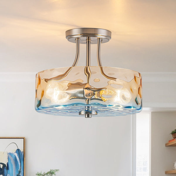 Chandelierias-Ombre 2-Light Hammer Glass Drum Semi-Flush Mount-Semi Flush-Nickel-