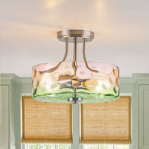 Chandelierias-Ombre 2-Light Hammer Glass Drum Semi-Flush Mount-Semi Flush-Nickel-Red-fleshed Guava (Back-order)