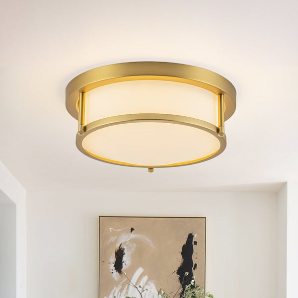 Chandelierias-Opaque Frosted Glass Dimmable LED Drum Framed Flush Mount-Flush Mount-Brass-