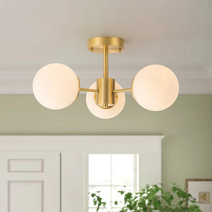 Chandelierias - Open Box - 3 - Light Mid - century Frosted Glass Semi - Flush Mount - Semi Flush - Brass - 3 Bulbs