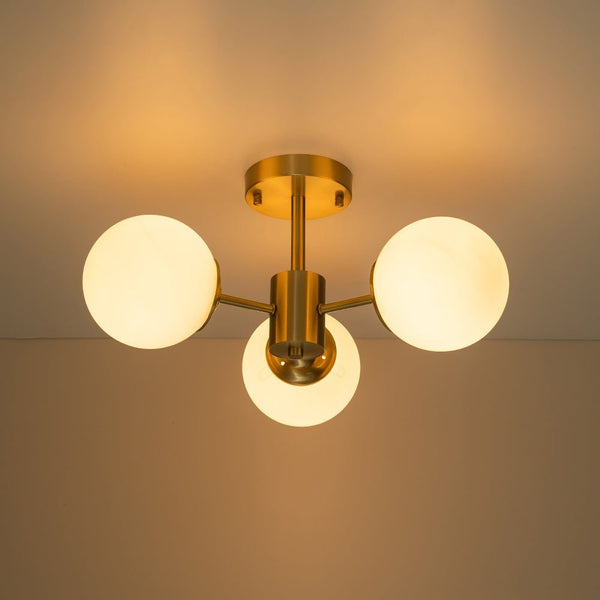 Chandelierias - Open Box - 3 - Light Mid - century Frosted Glass Semi - Flush Mount - Semi Flush - Brass - 3 Bulbs