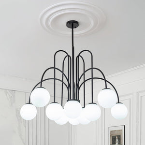 Chandelierias-Open Box - Mid-century 10-Light Frosted Glass Globe Curved Chandelier-Chandeliers-Black-10 Bulbs