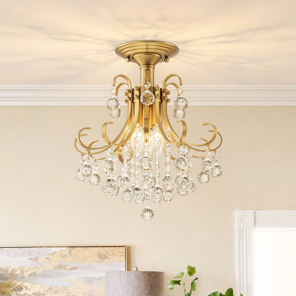 Chandelierias-Ornate French 3-Light Sparkle Crystal Semi-flush Mount-Semi Flush-Brass-